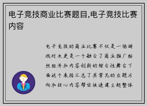 电子竞技商业比赛题目,电子竞技比赛内容